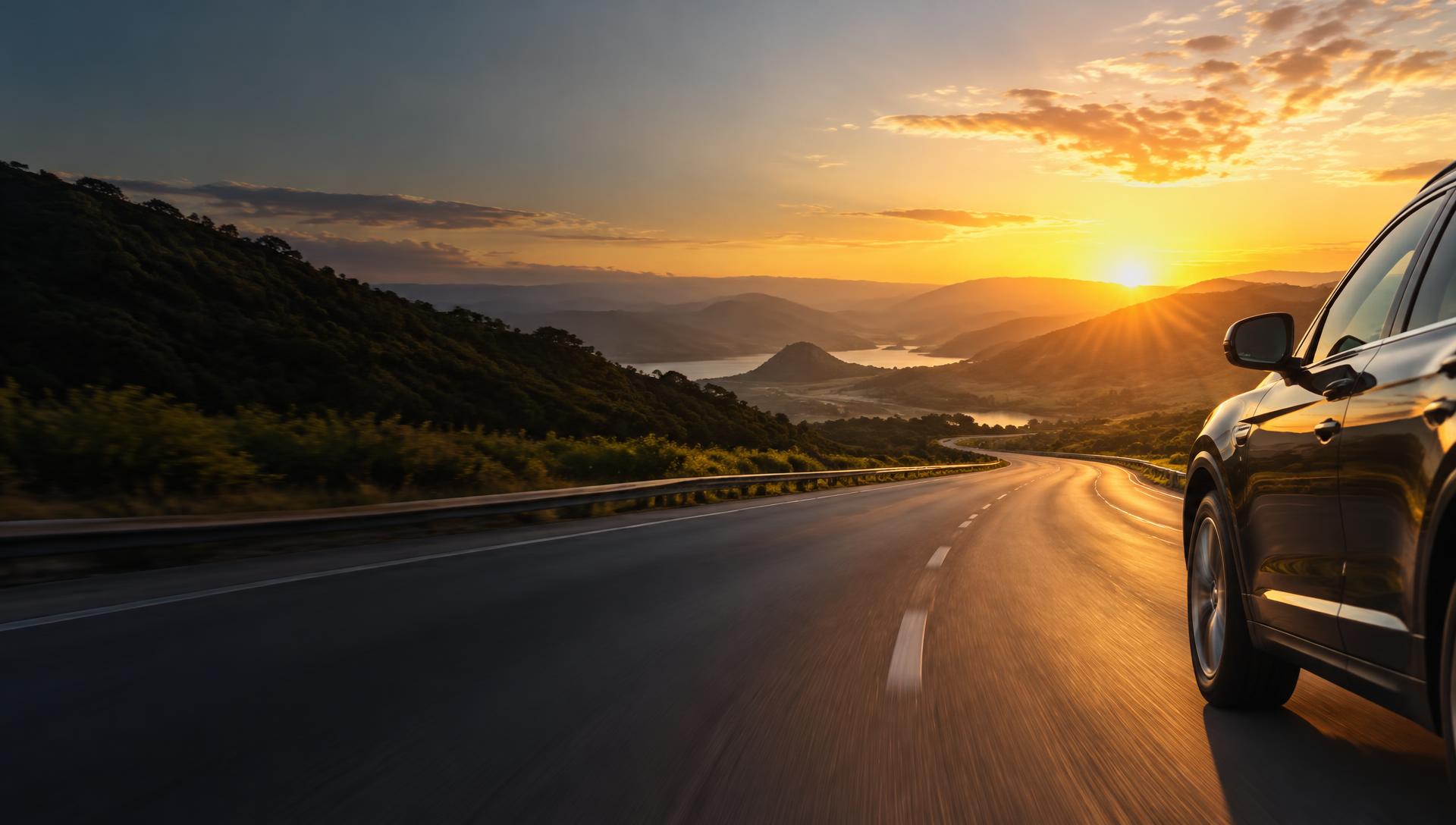 Estrada brasileira ao pôr do sol com parte de um automóvel em movimento